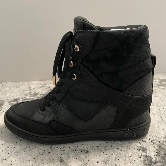 Louis Vuitton Millenium Wedge Sneakers Leather Embossed Suede Black Size 37 - Picture 4 of 15